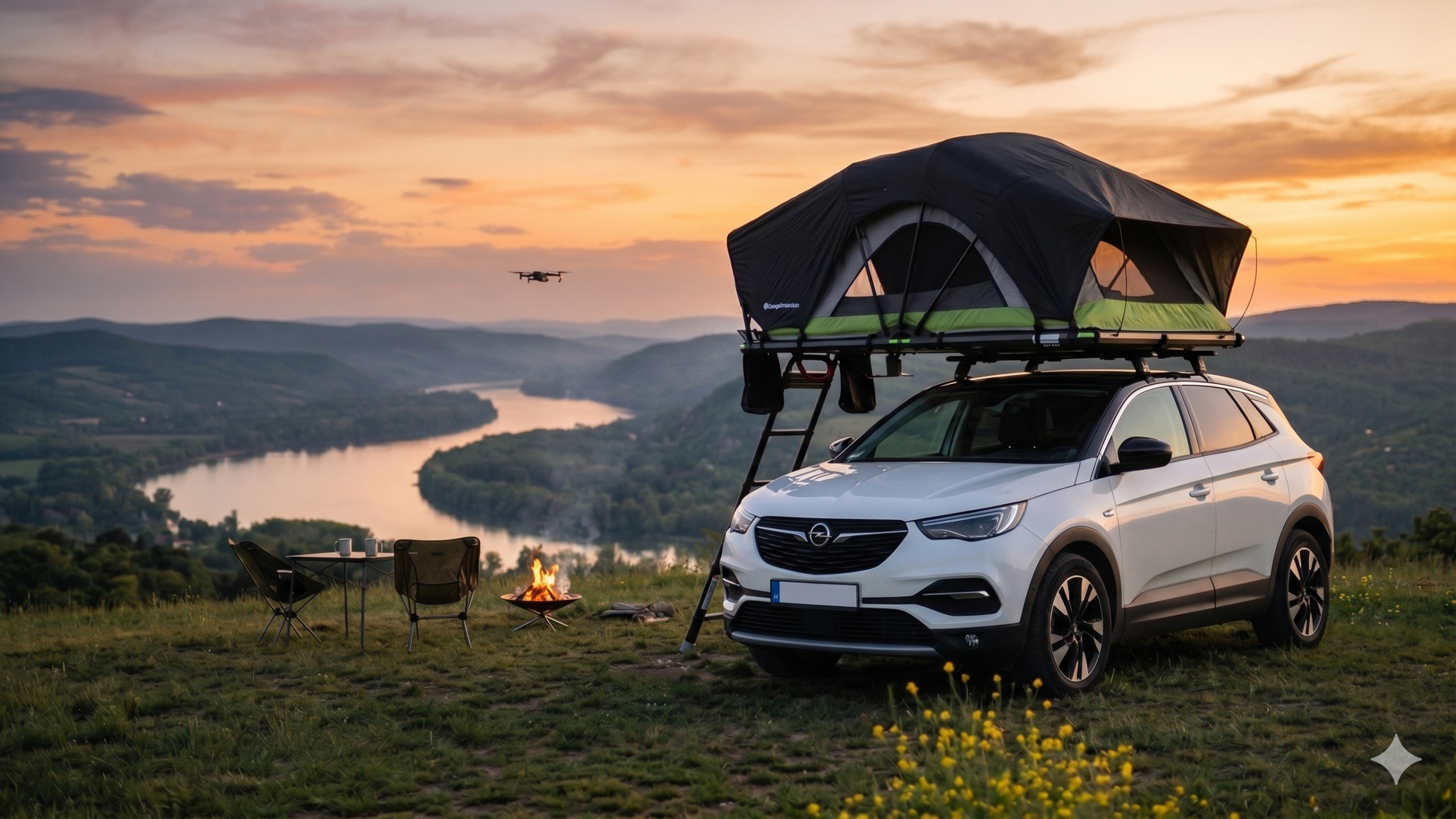 opel grandland roof tent camping near danube, wild camping campfire in hungary, berger camplodge 120 setup in the forest tetősátor kemping autós vadkemping